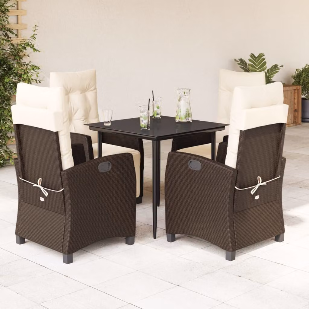 Set da Pranzo da Giardino 5pz vidaXL in Polyrattan con Piano in Vetro e Cuscini Marrone