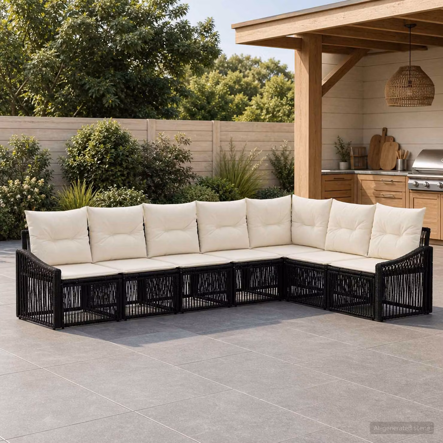 Set Divano da Giardino L-Shape vidaXL in Polyrattan Nero con Cuscini e Struttura in Acciaio