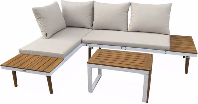 Salotto da giardino in alluminio e acacia, 4 posti, bianco