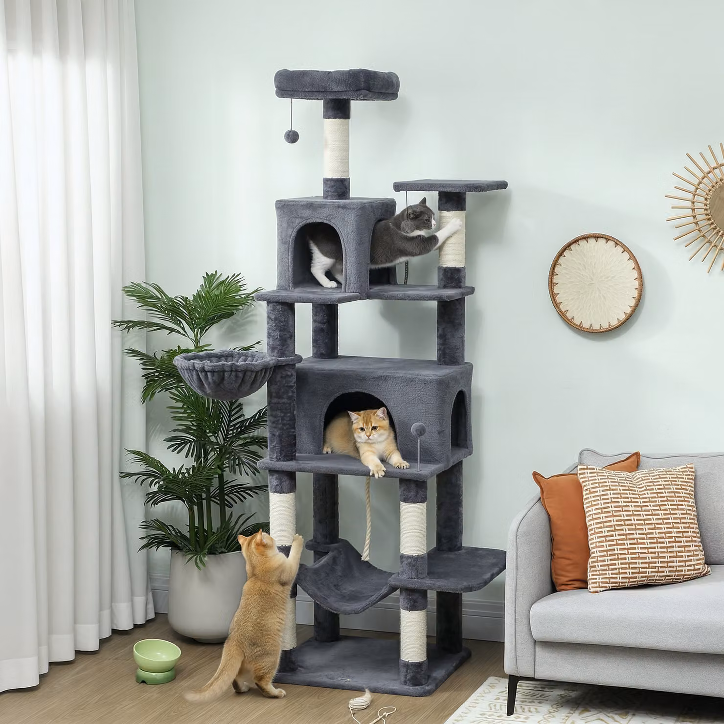 Albero Tiragraffi per Gatti PawHut Alto 202 cm con 6 Pali in Sisal, 2 Casette, 2 Amache e Lettino, Grigio – 2
