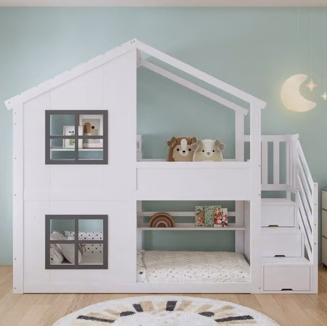 Letto a castello per bambini con scala contenitore a 3 livelli, struttura in pino, MDF e compensato, bianco e grigio, 90x200 cm
