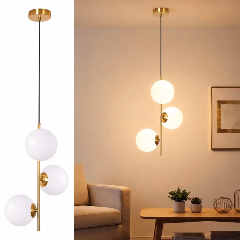 Lampada a sospensione ZMH, ideale per la sala da pranzo, con 3 luci, finitura dorata. Lampada a sospensione per soggiorno, cucina o camera da letto, realizzata in vetro opale, con attacco G9. Perfetta per illuminare la sala da pranzo o il tavolo da pranzo