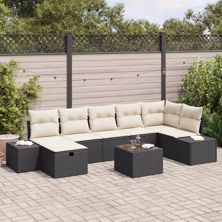 Set Divano da Giardino vidaXL 8 Pezzi Nero con Cuscini e Tavolino in Polyrattan e Acciaio