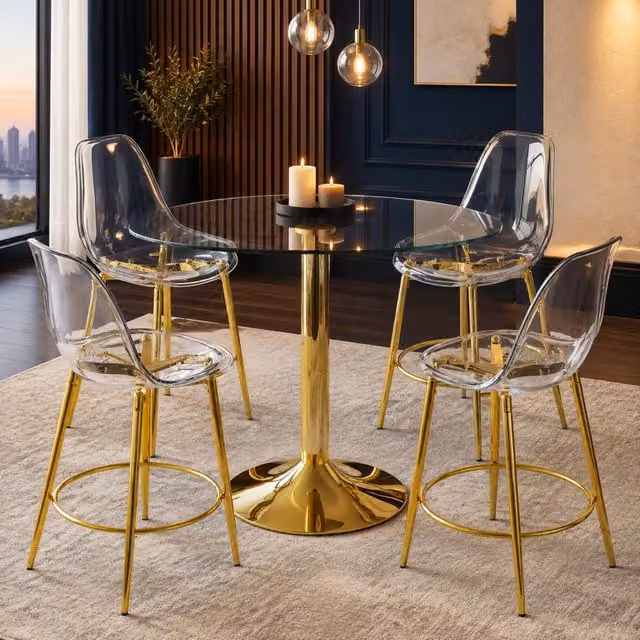 Set tavolo da bar Mivray con 4 sgabelli, tavolo rotondo in vetro trasparente e struttura in metallo dorato per cucina e sala da pranzo