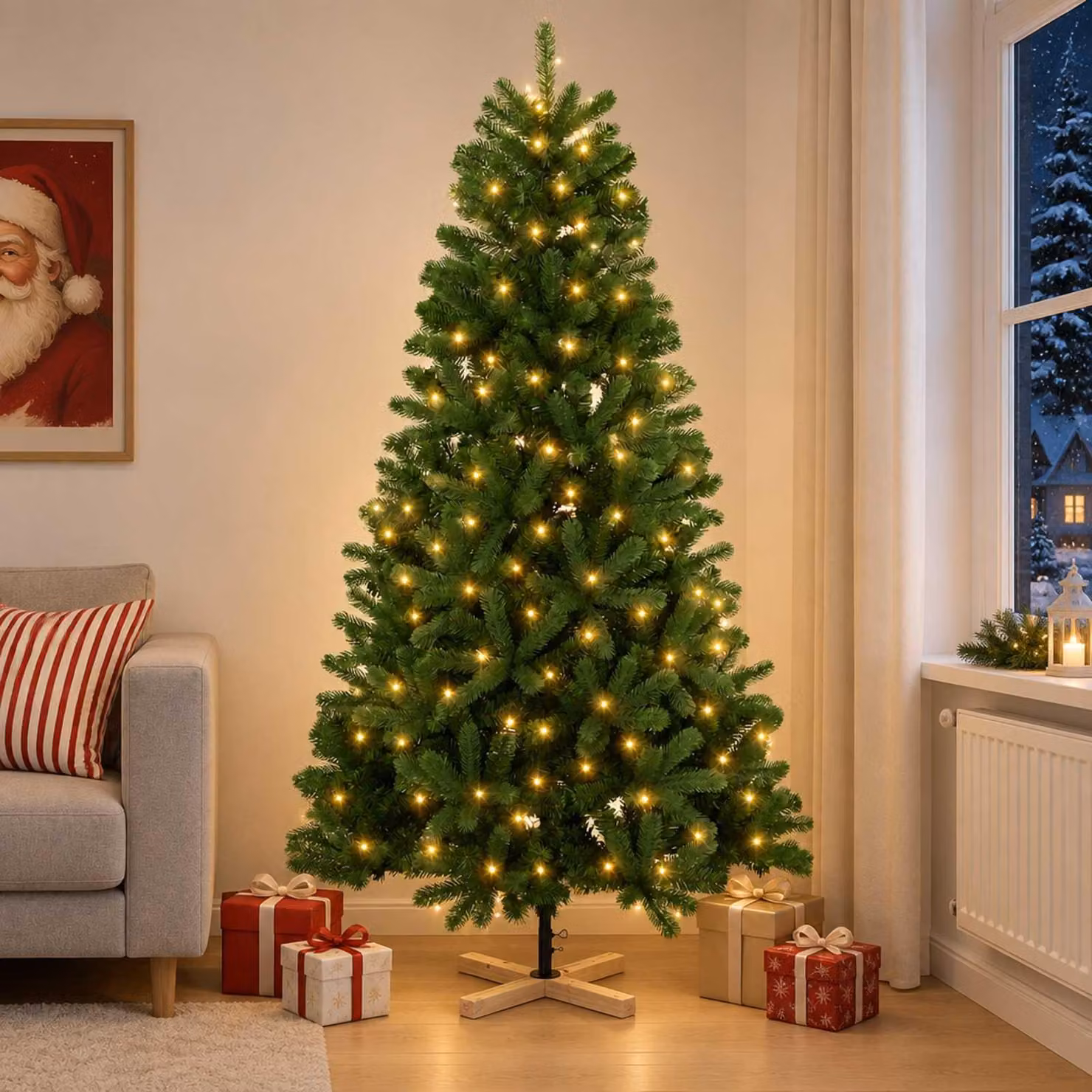 Albero di Natale artificiale, altezza 180 cm, 300 LED, luce bianca calda, materiale: PVC, colore: verde