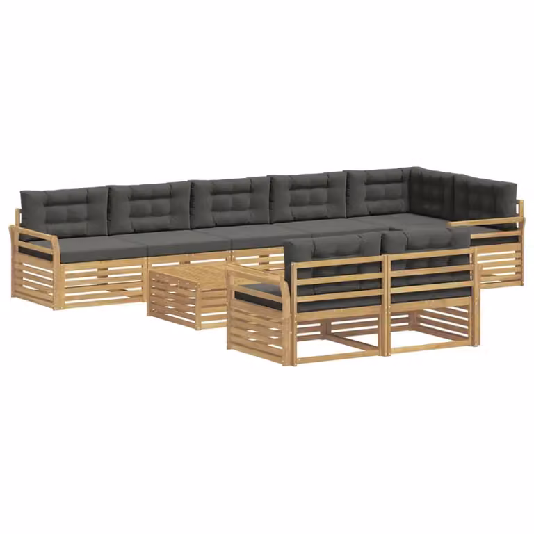 Set di divani da esterno a L vidaXL in legno di acacia con cuscini bianchi e antracite e tavolino da giardino