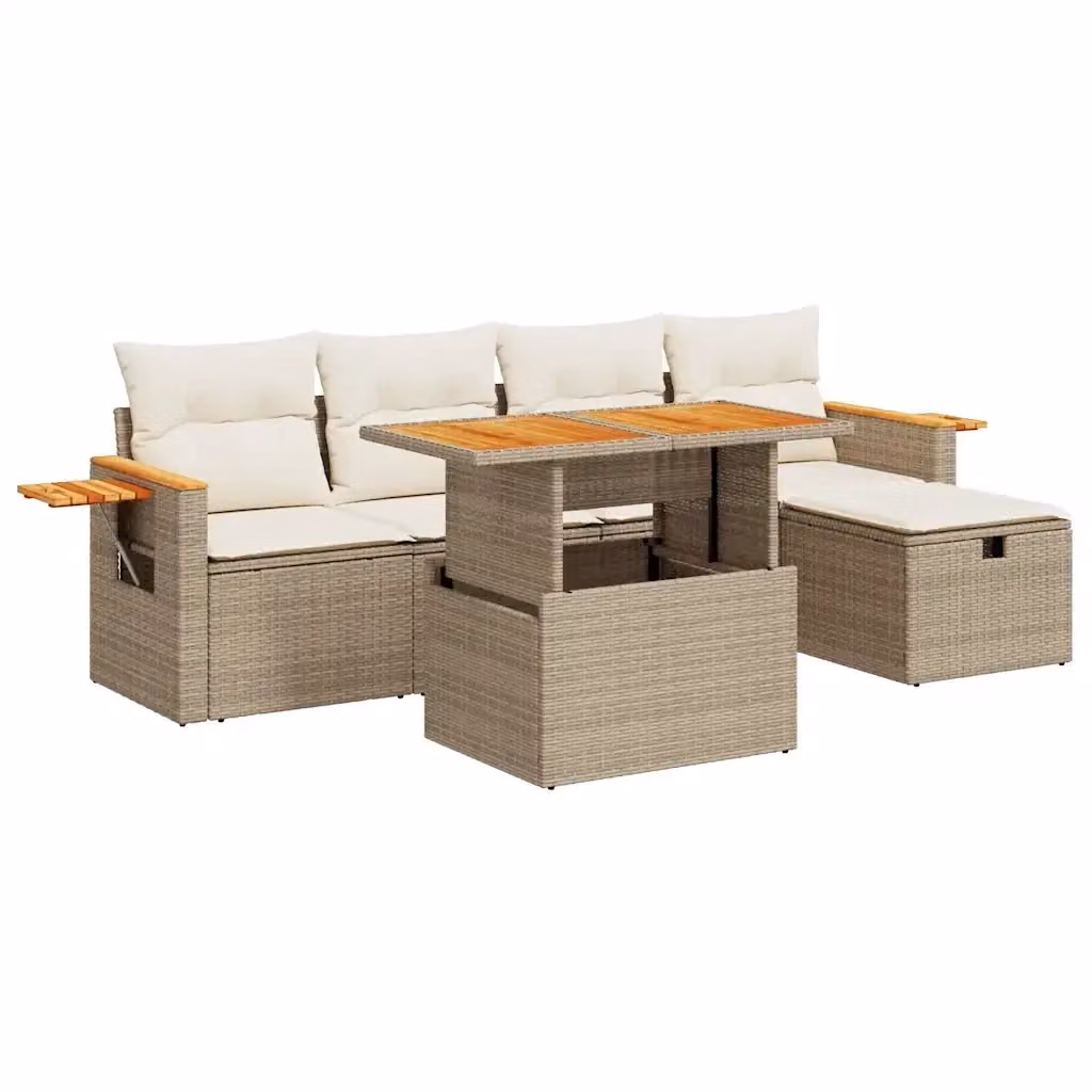 Set Divano da Giardino 6 Pezzi vidaXL con Cuscini Beige e Tavolino, Design Moderno a L in Polyrattan e Acciaio con Coperture Rimovibili – 2