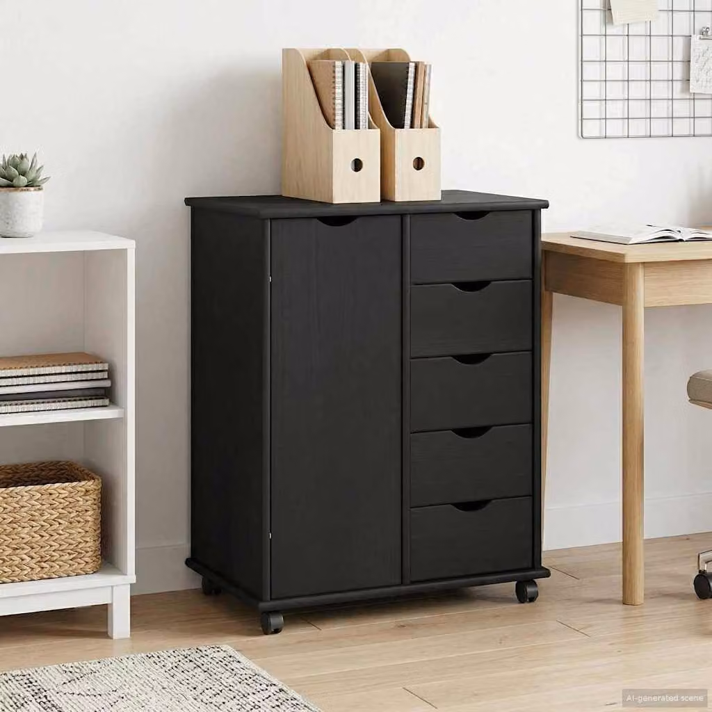 Mobile con ruote vidaXL in legno di pino massello nero con ante e cassetti L/P/H: 63,5 x 39 x 79 cm