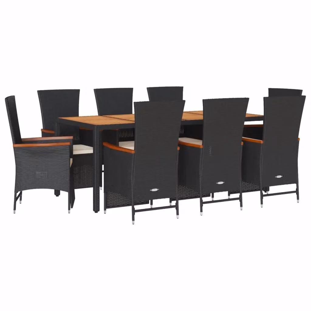 Set da pranzo da giardino vidaXL in polyrattan e legno di acacia con 9 pezzi e cuscini, nero e marrone – 2