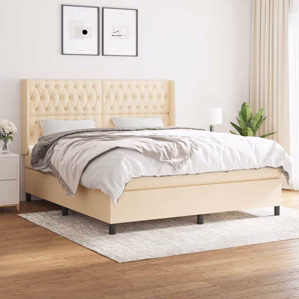 vidaXL Giroletto a Molle Ibrido con Materasso in Tessuto Beige e Bianco L/P/H: 203 x 183 x 128 cm