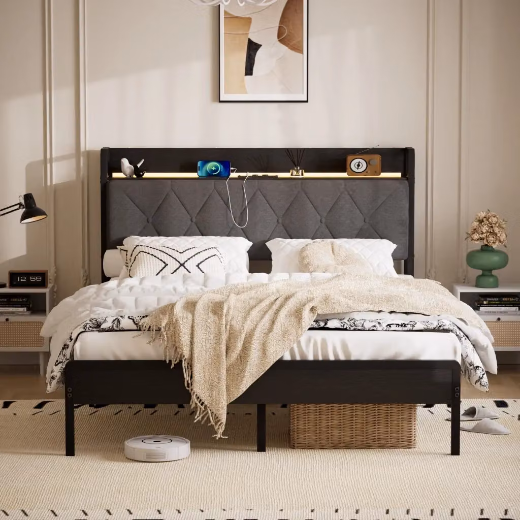 Letto matrimoniale moderno OKWISH in tessuto e metallo con illuminazione sottostante, porta USB e luci di lettura integrate, nero grigio, L/P: 140 x 190 cm – 2