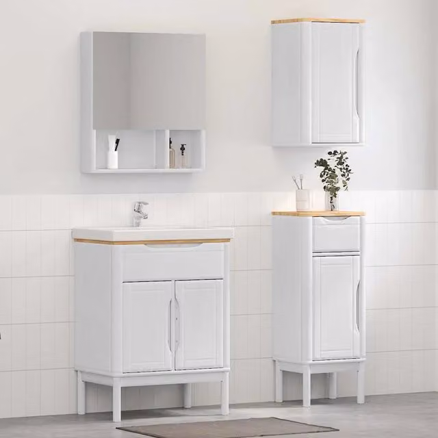 Set di mobili per il bagno vidaXL in legno di pino bianco, composto da mobile lavabo e pensile, stile minimalista