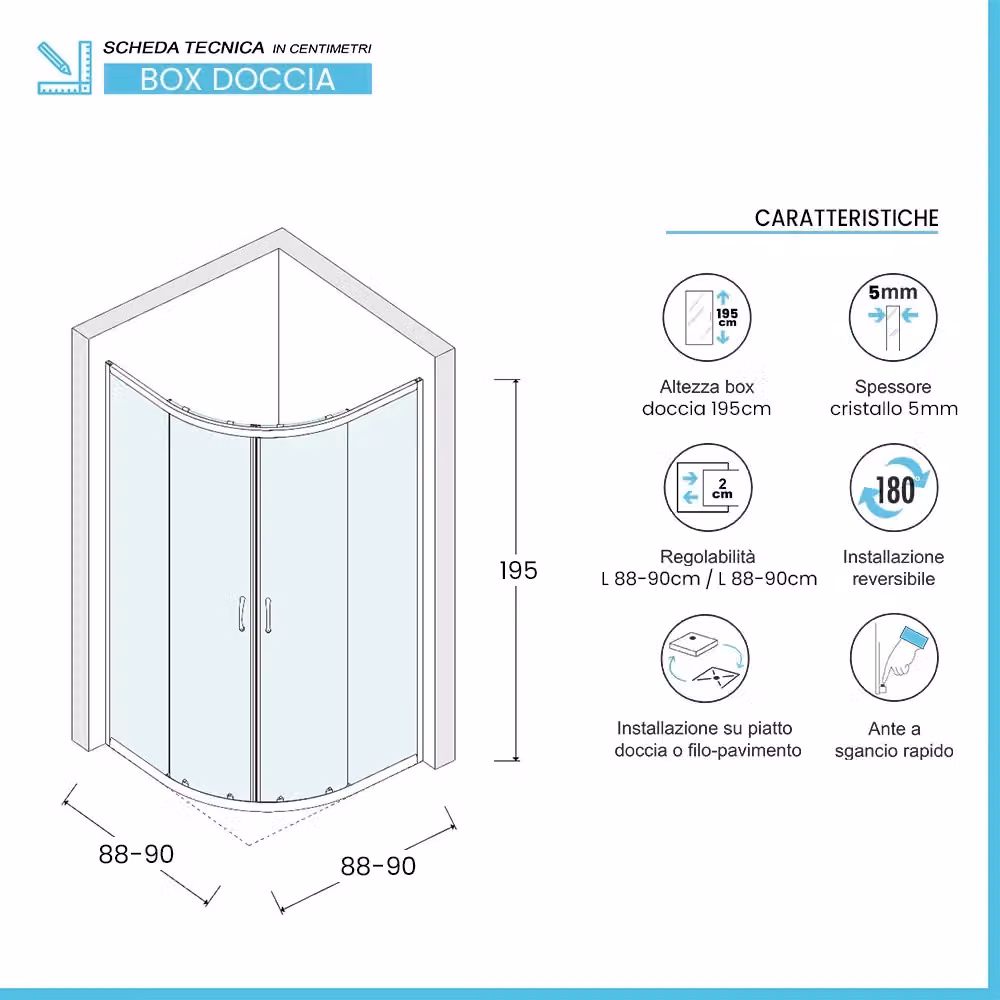 Box doccia semicircolare Tay nero con cristallo trasparente scorrevole L/P: 90 x 90 cm, H: 195 cm – 2