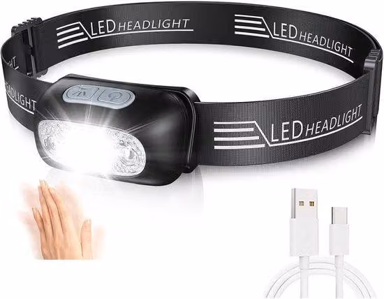 Lampada a LED - Ricaricabile - Sensore di movimento - 4 livelli di luminosità - Impermeabile - Ideale per jogging, escursioni, campeggio, pesca e bricolage