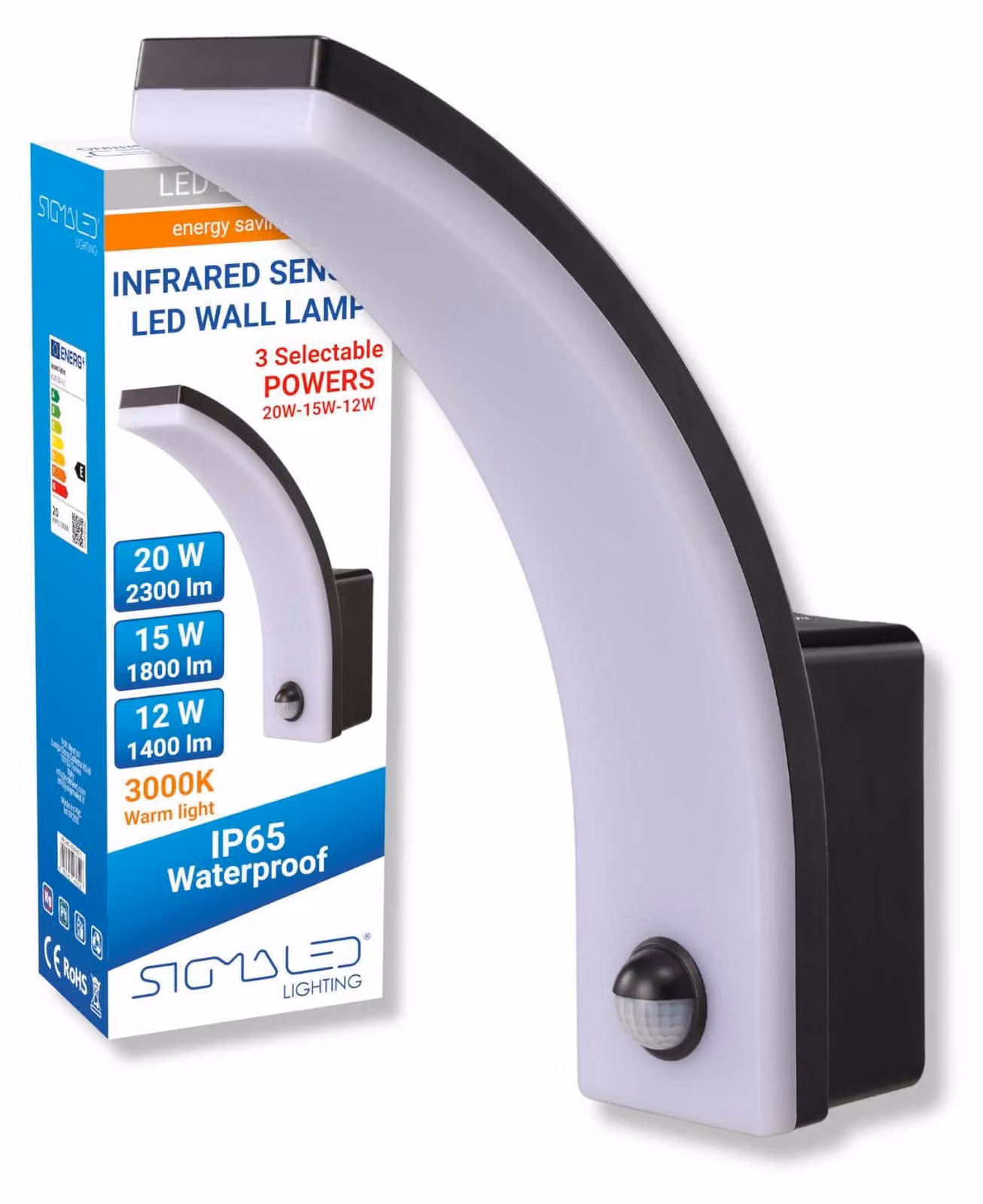 Lampada da parete esterna a LED con sensore, grado di protezione IP65, 20W/15W/12W, luce bianco caldo, colore nero
