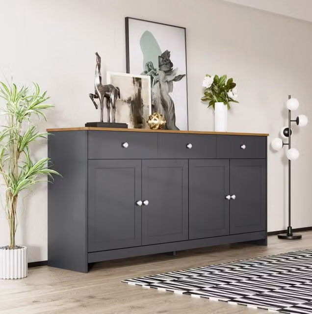 Sideboard 160x37x75 cm con 3 cassetti; 4 ante e ripiani regolabili; MDF nero e grigio