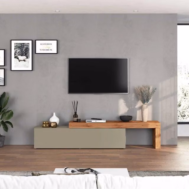 WHOUS Mobile porta tv Chronos estensibile con 1 anta a ribalta tortora/rovere 190/350x40x51 cm