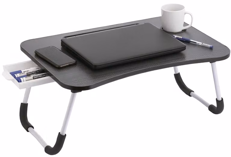 Omgoods - Tavolo pieghevole per laptop con cassetto, 60 x 40 x 26 cm, nero