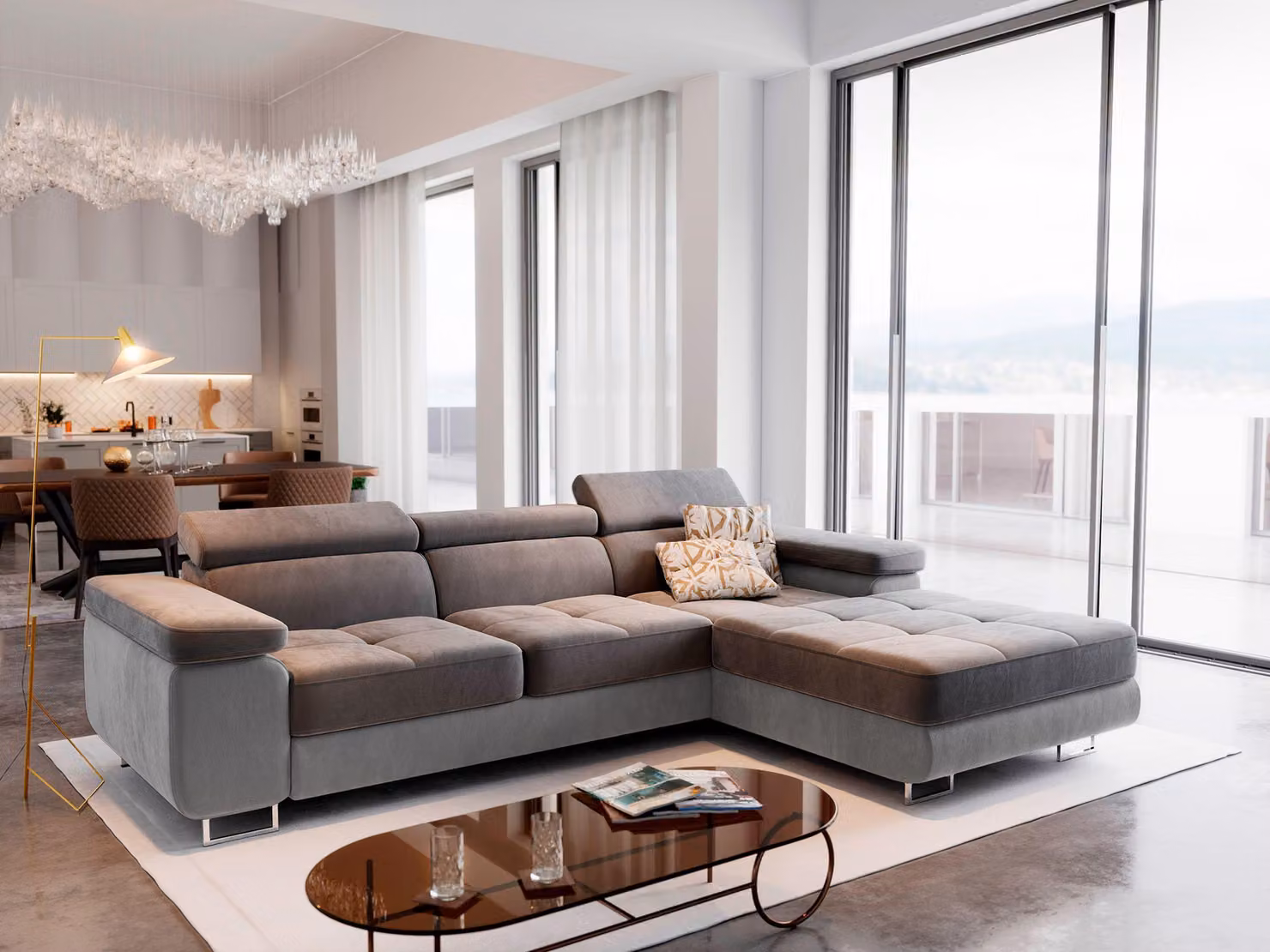 Divano angolare Masseno ELMA R-S con funzione letto a L, divano con box letto, divano da salotto, divano, divano, divano letto, set di divani - grigio, MONOLITH 85 + MONOLITH 84
