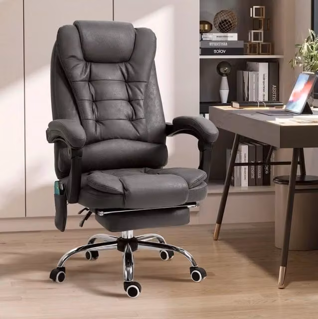 Sedia da Ufficio Ergonomica con Massaggio, Riscaldamento, 6 Punti di Massaggio, Poggiapiedi, Telecomando, Poliestere, Grigia, 65x160x104 cm