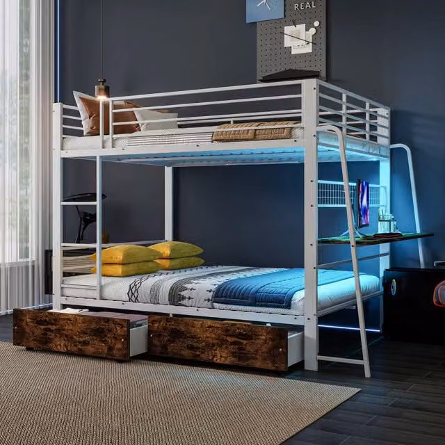 Letto a soppalco 140×200 cm con scrivania, LED, prese e 2 cassetti, senza materasso, metallo, bianco