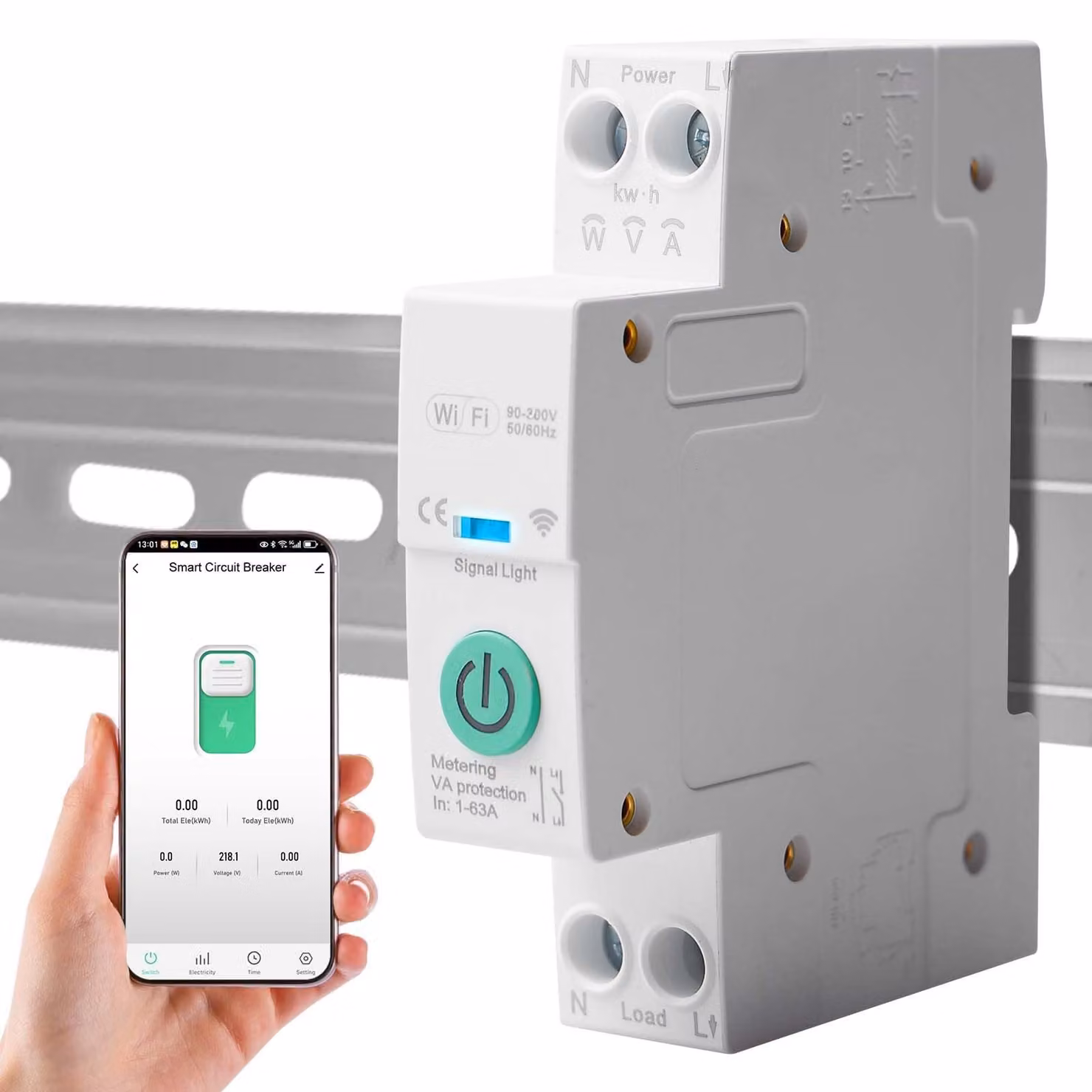 Interruttore automatico Wi-Fi, 1P, montaggio su guida DIN, controllo remoto, 1-63 A