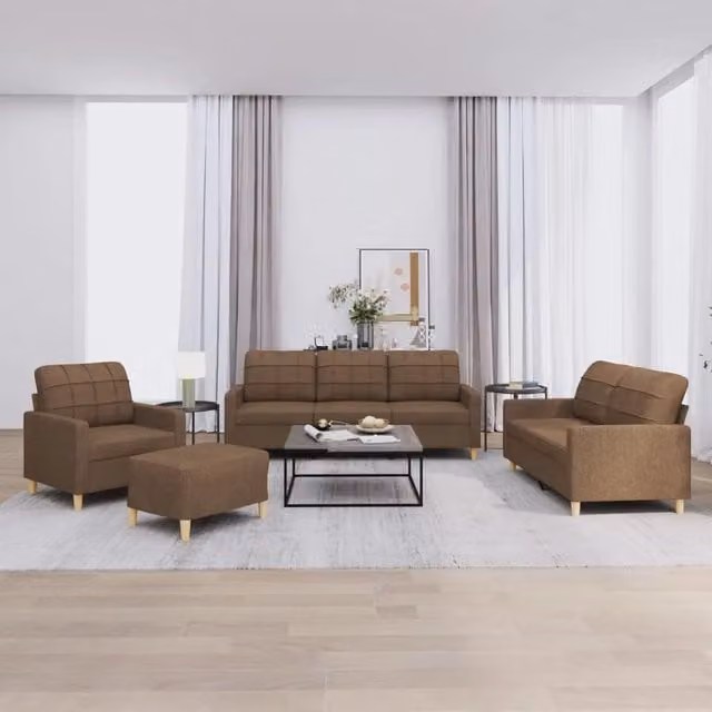 Set di divani moderno vidaXL in tessuto marrone composto da divano a 3 posti, divano a 2 posti e pouf con cuscini inclusi – 1