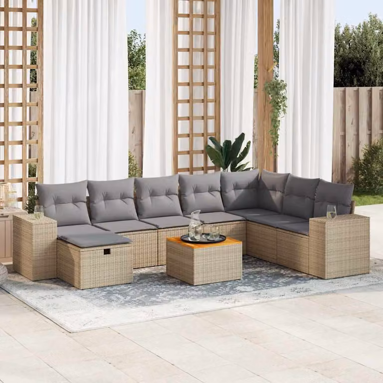 Set Divano da Giardino vidaXL 9 pz in Polyrattan Beige con Cuscini e Tavolino da Esterno