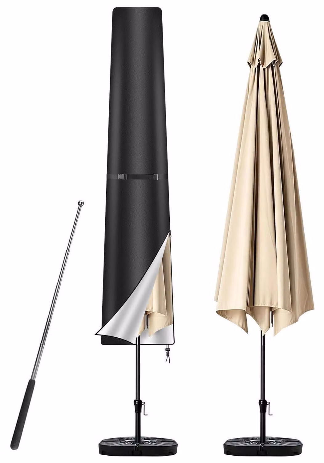 Copertura protettiva per ombrellone, 170 cm, colore nero, realizzata in tessuto Oxford 210D, con struttura di supporto e custodia