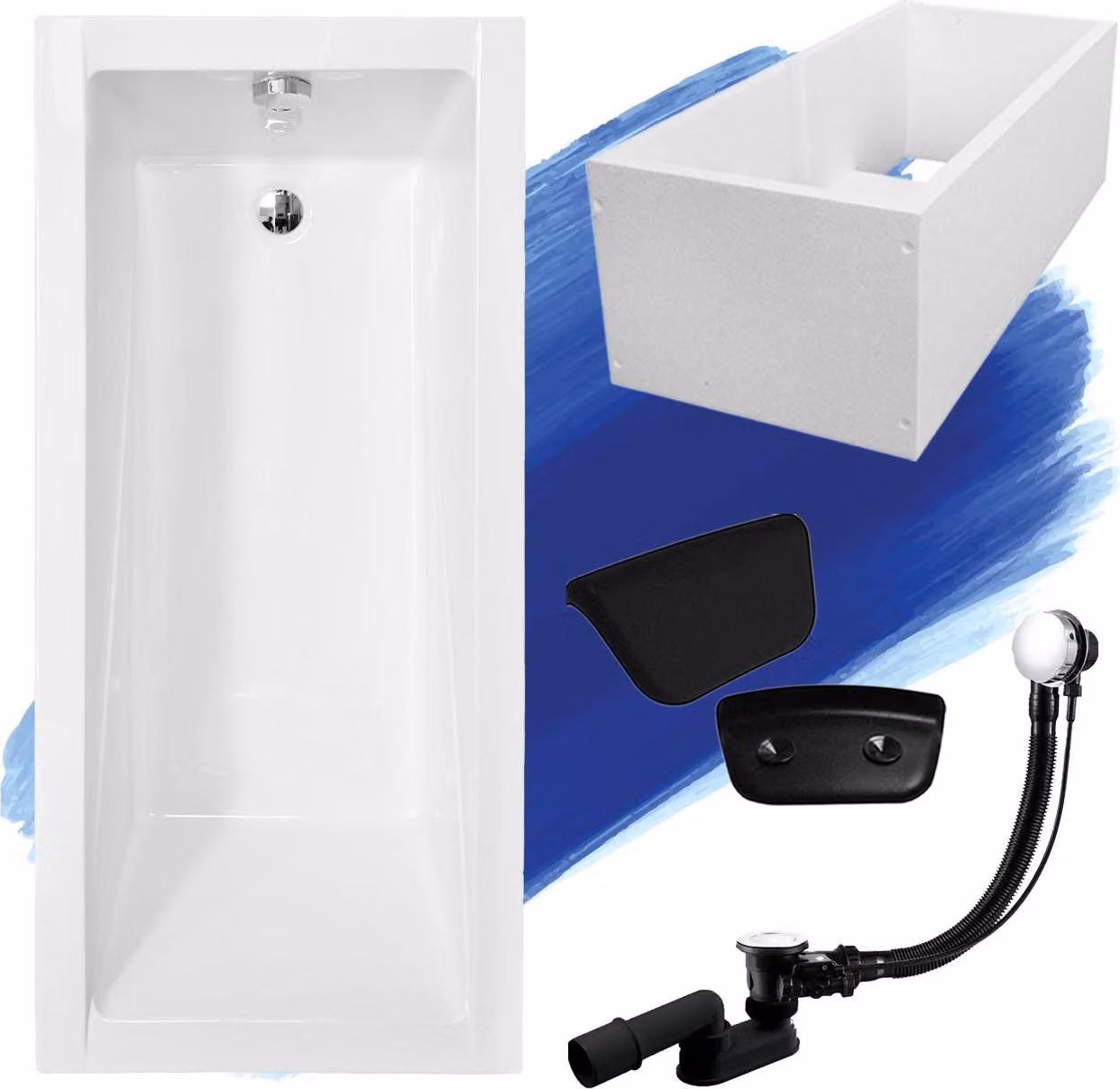 Set vasca rettangolare 5in1 160x70 con set di scarico premium e piedini GRATIS + supporto vasca + poggiatesta in nero | BADLAND MODERN