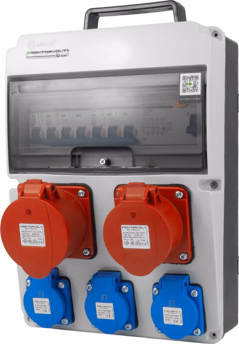 Distributore di corrente da cantiere 16A 32A CEE 3x230V Distributore di corrente con maniglia interruttore FI+LS Distributore a parete Doktorvolt DV-8126-F