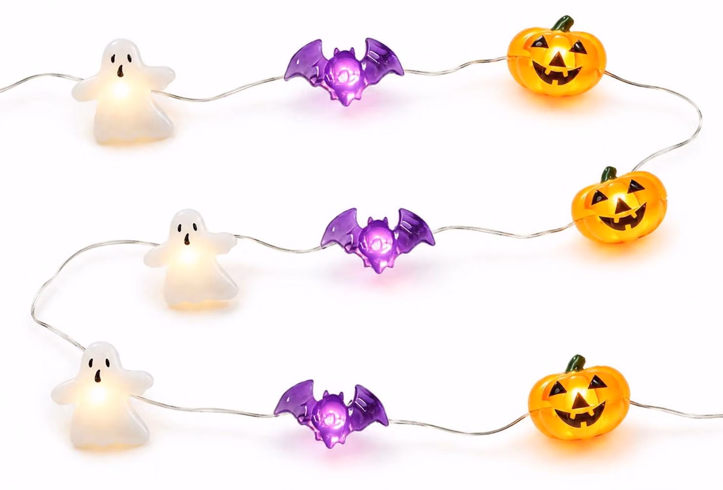 Catena luminosa a tema Halloween, 3 metri, 20 LED, con decorazioni a forma di zucca, pipistrello e fantasma, con timer