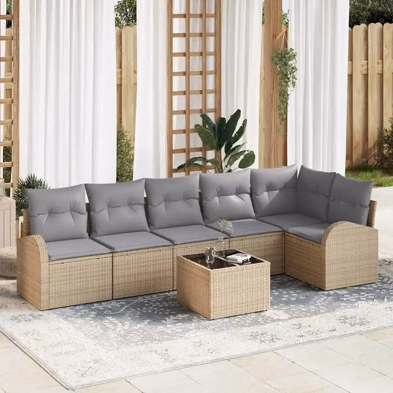 Set Divano da Giardino vidaXL 7 Pezzi a Forma di L con Tavolino, Poltrona e Ottoman, Colore Beige e Grigio, Struttura in Metallo e Polyrattan Resistente alle Intemperie