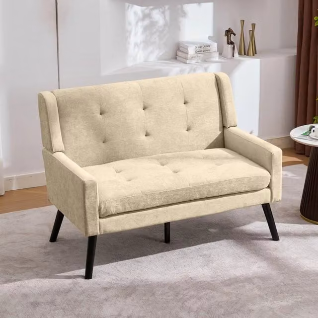 Panca a 2 posti Zephmum in lino beige con gambe in legno massello e cuscini in schiuma ad alta densità