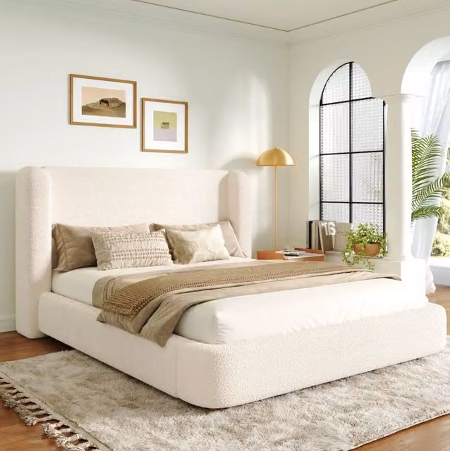 Letto matrimoniale imbottito ULEVR 180x200 cm con rete a doghe e testiera in boucl¨¦ beige