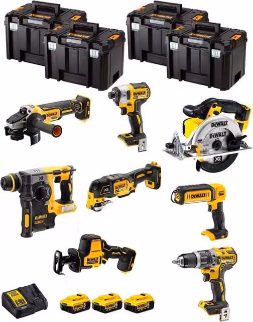 Kit utensili DeWALT DWK802T con avvitatore, trapano, martello perforatore e accessori gialli