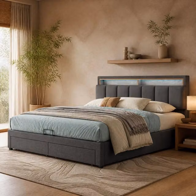 Letto imbottito 180x200 cm con LED regolabile, vano contenitore e rivestimento in lino grigio scuro