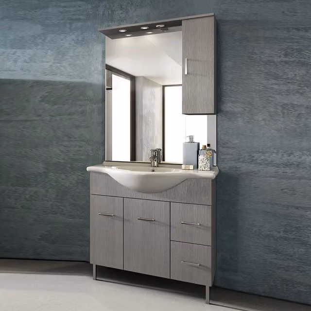 Mobile bagno moderno DH Venice in larice grigio con lavabo e specchio con illuminazione LED, L: 85 cm, P: 50 cm, H: 190 cm