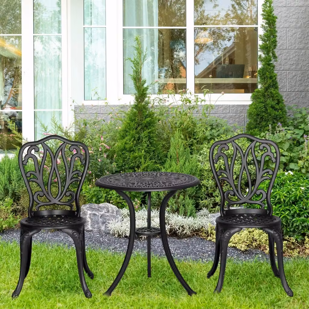Set da giardino Giordanoshop composto da 2 sedie e un tavolino rotondo in vetro con foro per ombrellone in alluminio nero opaco – 2
