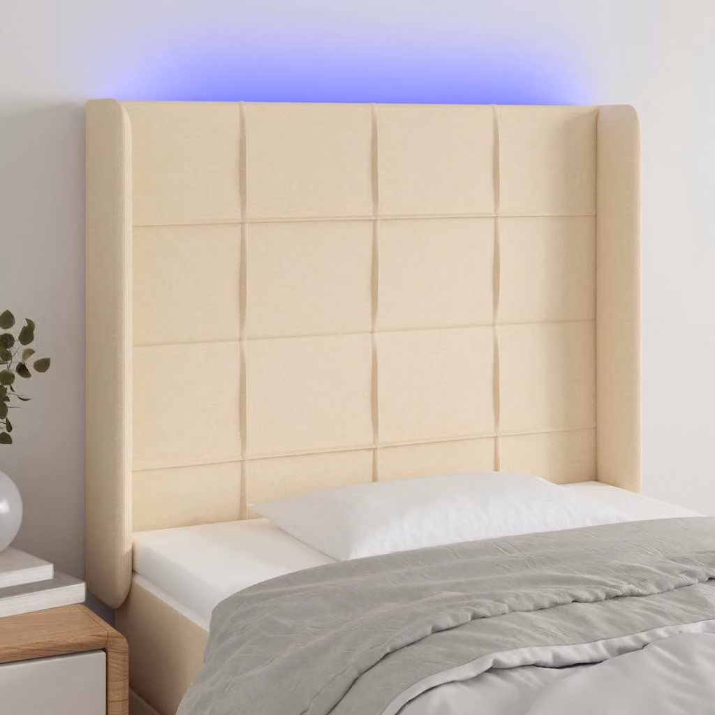 Testiera per letto vidaXL in tessuto beige con illuminazione LED integrata e porta di ricarica USB, L 83 cm, P 16 cm, H 118-128 cm