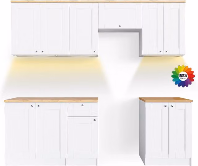 Cucina componibile Bergamo Vicco Bianco e Rovere dorato con striscia LED, L: 240 cm – 1