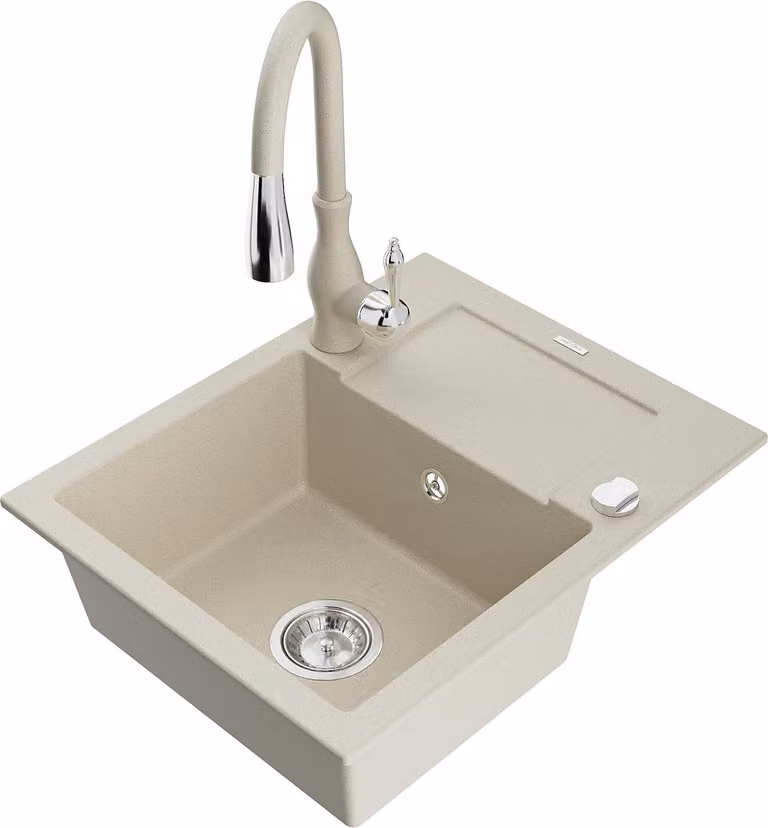 Mexen Enzo lavello in granito 1-vasca con sgocciolatoio e rubinetto da cucina Savita, beige - 6506-69-672601-69