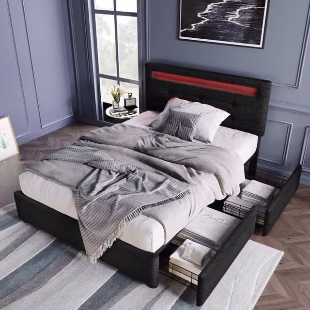 Letto singolo Mivray con 2 cassetti, illuminazione LED sotto il letto e testiera regolabile, rivestito in tessuto nero, L/P/H: 90 x 200 x 103 cm