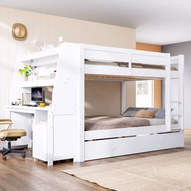 Letto a castello Mivray a due livelli con scrivania, armadio, cassetti e scala in legno bianco L/P/H: 200 x 140 x 236 cm