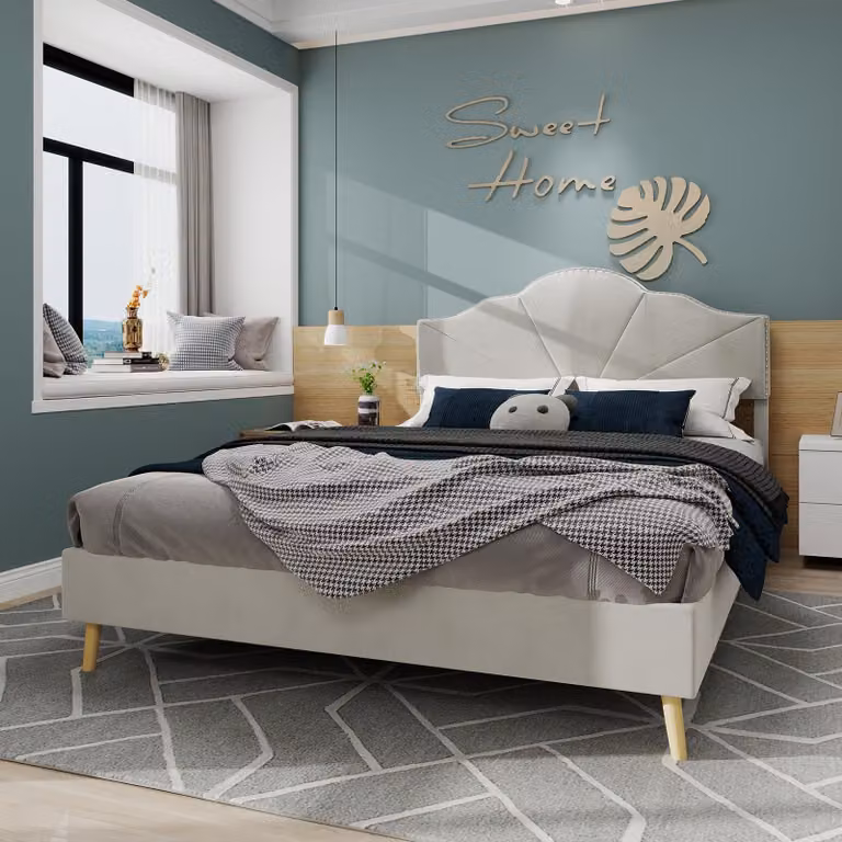 Sweiko Letto moderno minimalista morbido, testata confortevole e morbida, 140x200CM, beige, mobile multifunzionale per la camera da letto, rete bassa senza asta di sollevamento, non include il materasso.