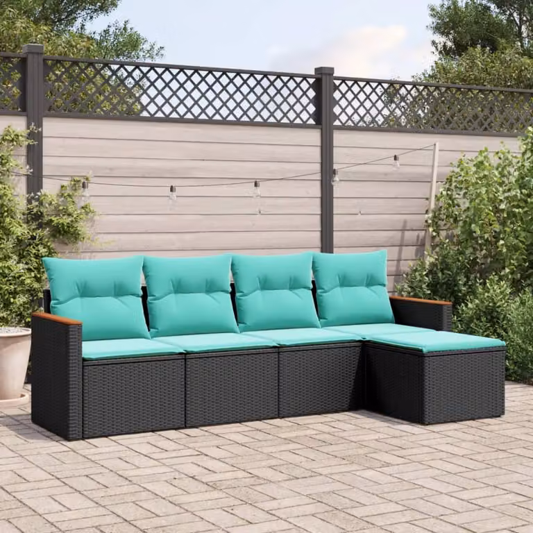 Set Divani da Giardino vidaXL 5 Pezzi a Forma di L in Polyrattan Nero con Cuscini e Ottoman