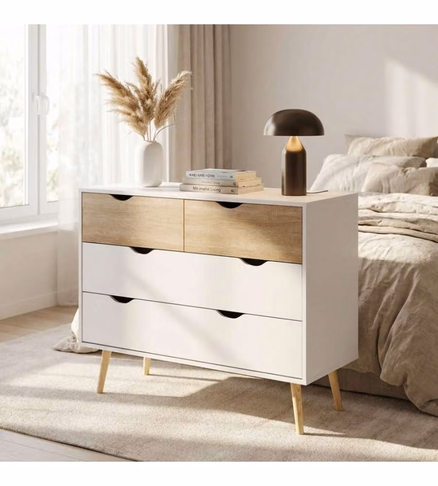 Cosma Cassettiera in Legno Bianco e Beige per Camera da Letto L: 99 cm, P: 39 cm, H: 82 cm – 1