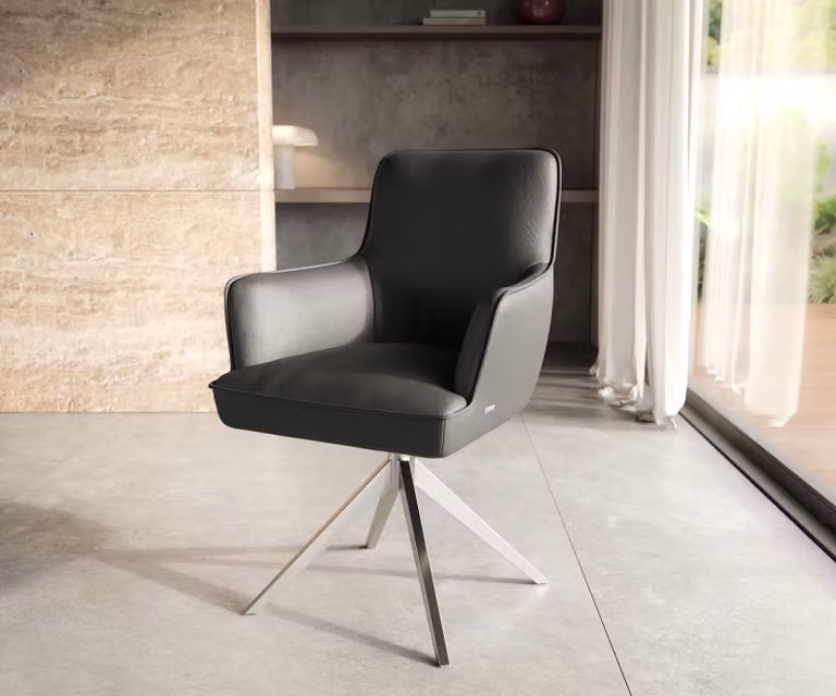Sedia girevole DELIFE Heira-Flex con braccioli in vera pelle nera, base a croce larga in acciaio inox, girevole a 360°, molleggiatura a sacco
