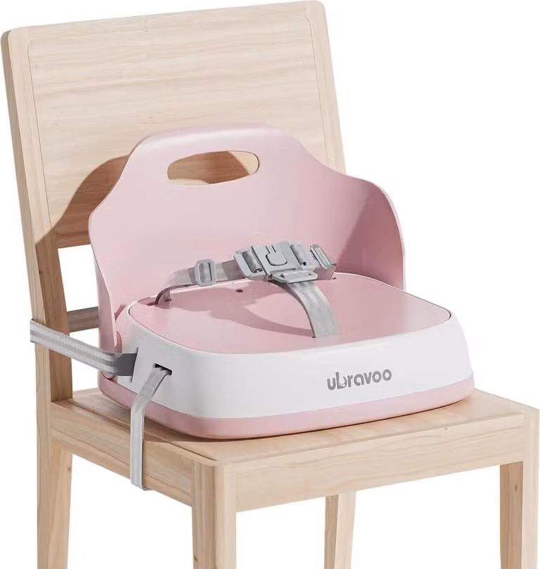 Rialzo per bambini - Sedile rialzato per sedia - Portatile - Cintura a 3 punti - 2 cinghie regolabili - Lavabile - Plastica - Rosa