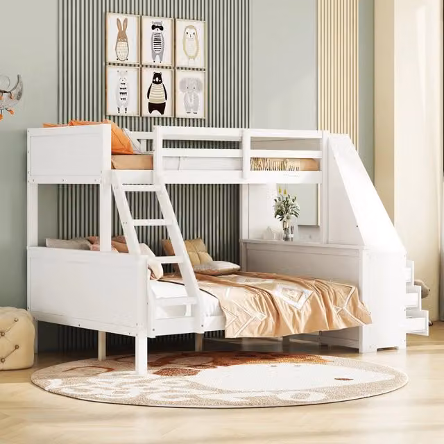 Letto a castello 243x151x154 cm con scrivania e libreria; grande spazio contenitore in pino e MDF bianco